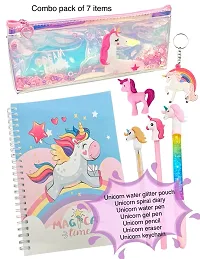 LE DELITE Unicorn Stationary Combo Gift for Girls Kids - Water Glitter Pouch , Lava Pen , Pencil ,Eraser , Bookmark /Stationary Set Diary for School , Kitty Multicolor Stylish Pen / Gift Set-thumb1