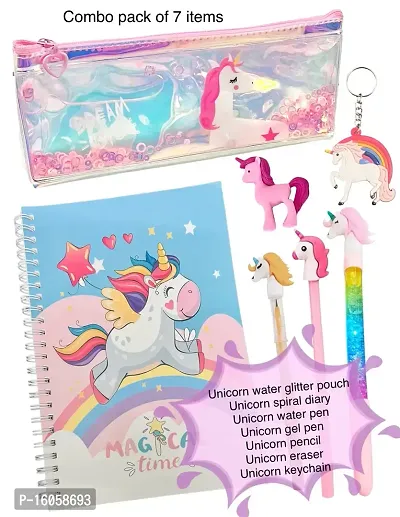 LE DELITE Unicorn Stationary Combo Gift for Girls Kids - Water Glitter Pouch , Lava Pen , Pencil ,Eraser , Bookmark /Stationary Set Diary for School , Kitty Multicolor Stylish Pen / Gift Set-thumb2