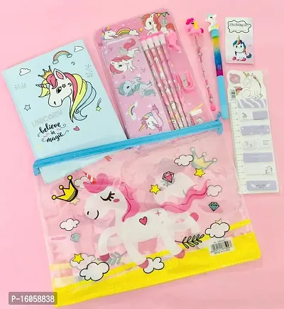 Le Delite Unicorn combo set for girls kids/unicorn scrapbook diary with sticky notes, pencils, geometry box set, eraser, sharpener, folder, water pen, bookmark  disco pencil.-thumb0