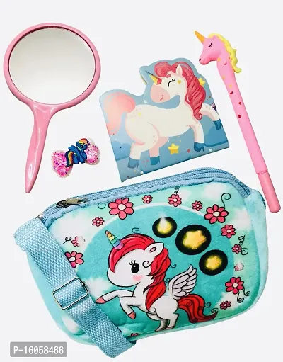 le delite combo pack of unicorn fur sling bag + unicorn lock diary + unicorn pen- Multi color-thumb3