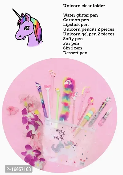 Le Delite Unicorn Combo Gift for Girls Kids / Unicorn Clear Folder PVC Zipper Pouch/ Unicorn Gel Pen / Fur Pen / Lipstick Pen/ Non Sharpening Pencil/ Softy Pen/ Cute Stylish Stationery for Kids-thumb5
