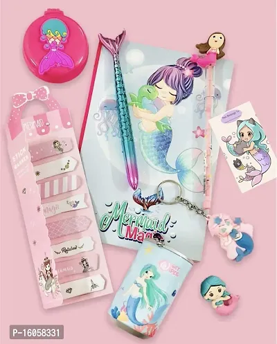 le delite Mermaid theme Return gift combo stationary supplies for kids girls, mermaid diary notebook with pen pencil, eraser , sticky notes  keychain-thumb5
