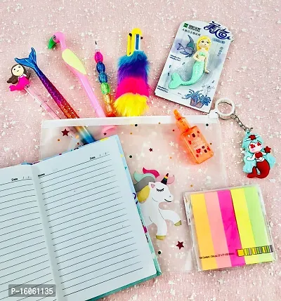 le delite Mermaid Stationary Combo Gift for Girls Kids -Clear Folder Pouch , Fur Pen , Pencil ,Eraser with Diary for School , Highlighter , Sticky Notes Multicolor Stylish Pen / Gift Set-thumb5