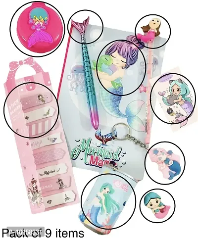 le delite Mermaid theme Return gift combo stationary supplies for kids girls, mermaid diary notebook with pen pencil, eraser , sticky notes  keychain-thumb4