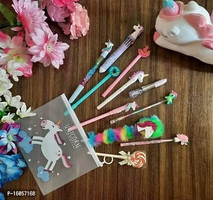 Le Delite Unicorn Combo Gift for Girls Kids / Unicorn Clear Folder PVC Zipper Pouch/ Unicorn Gel Pen / Fur Pen / Lipstick Pen/ Non Sharpening Pencil/ Softy Pen/ Cute Stylish Stationery for Kids