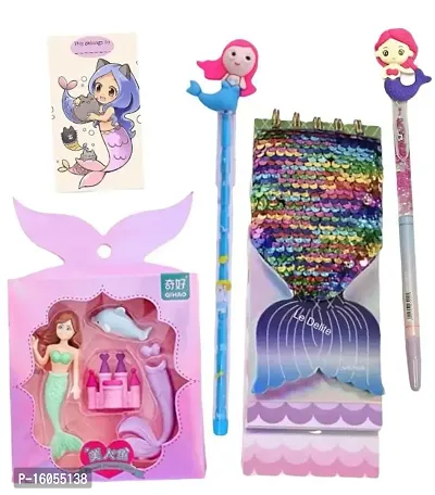 LE Delite Mermaid Theme Erasers for Kids /Ocean Sea Princess Eraser + Glitter Spiral Notepad + Pen + Pencil + Bookmark for School Kids Students Gift Items / Party Favor Birthday Gift Supplies