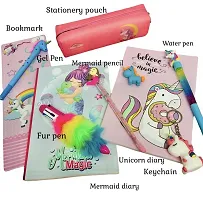 Le Delite unicorn diary for girls kids / mermaid notebook, unicorn eraser , mermaid pencil, lava water glitter pen , fur pen , gel pen , keychain and pencils pouch birthday gift combo set-thumb1