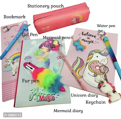 Le Delite unicorn diary for girls kids / mermaid notebook, unicorn eraser , mermaid pencil, lava water glitter pen , fur pen , gel pen , keychain and pencils pouch birthday gift combo set-thumb2