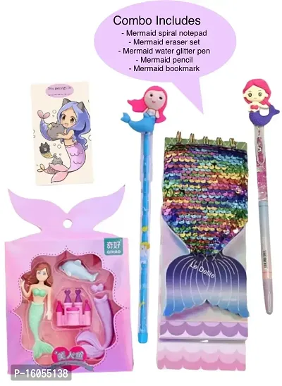 LE Delite Mermaid Theme Erasers for Kids /Ocean Sea Princess Eraser + Glitter Spiral Notepad + Pen + Pencil + Bookmark for School Kids Students Gift Items / Party Favor Birthday Gift Supplies-thumb2