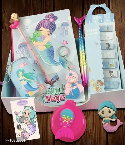 le delite Mermaid theme Return gift combo stationary supplies for kids girls, mermaid diary notebook with pen pencil, eraser , sticky notes  keychain-thumb0
