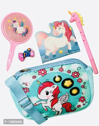 le delite combo pack of unicorn fur sling bag + unicorn lock diary + unicorn pen- Multi color-thumb0