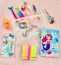 le delite Mermaid Stationary Combo Gift for Girls Kids -Clear Folder Pouch , Fur Pen , Pencil ,Eraser with Diary for School , Highlighter , Sticky Notes Multicolor Stylish Pen / Gift Set-thumb1