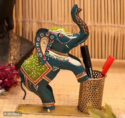 Iron Elephant Pen Stand Showpiece In Multicolor