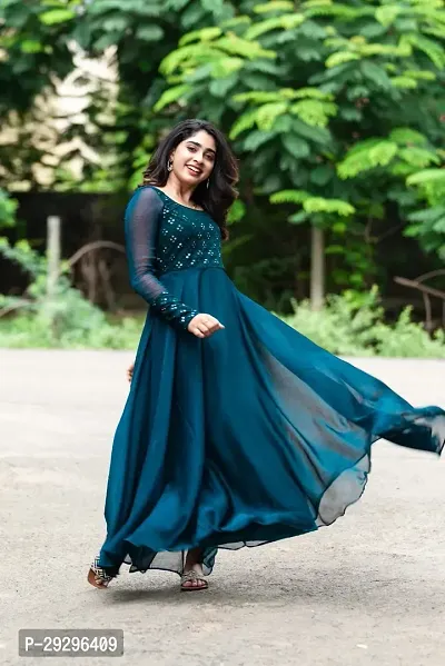 Stylish Teal Georgette Ethnic Gown For Women-thumb0