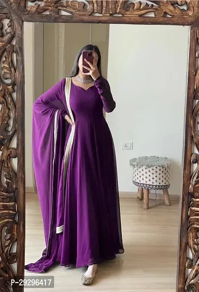 Stylish Purple Georgette Ethnic Gown With Dupatta For Women-thumb0