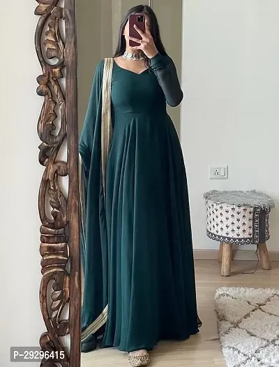 Stylish Green Georgette Ethnic Gown With Dupatta For Women-thumb0