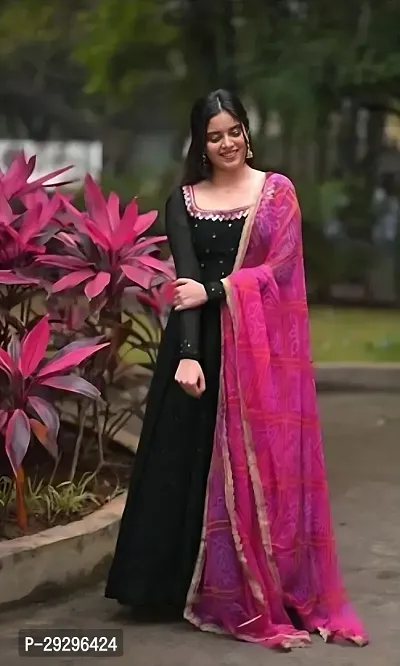 Stylish Black Georgette Ethnic Gown With Dupatta For Women-thumb0