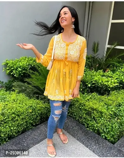 Stylish Yellow Embroidered Georgette Kurta For Women-thumb0