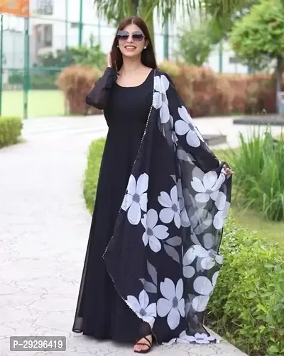 Stylish Black Georgette Ethnic Gown With Dupatta For Women-thumb0