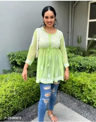 Stylish Green Embroidered Georgette Kurta For Women-thumb0