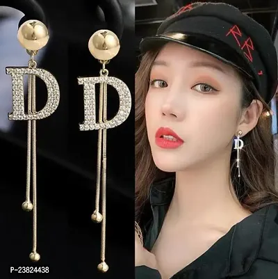 Korean Gold Plated Long Chain Stone Decor D Letter Earrings For Women  Girls-thumb4
