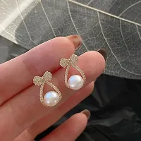 Gold Plated Korean Style Stone  Pearl Decor Bow Pearl Trendy Earrings Cubic Zirconia-thumb2