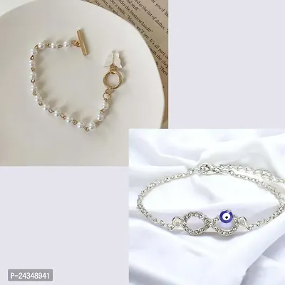 Combo of 2 Evil Eye Infinity bracelet, Nazr bracelet, chain infinity bracelet and Butterfly Charm, Dainty Beaded Pearl Bracelet, Wedding Jewelry, Bracelet For Women (Gold)-thumb0