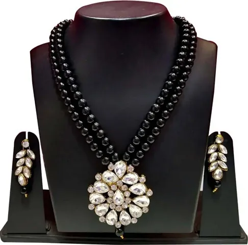 Trendy Pearl Beaded Crystal Kundan Necklace Set