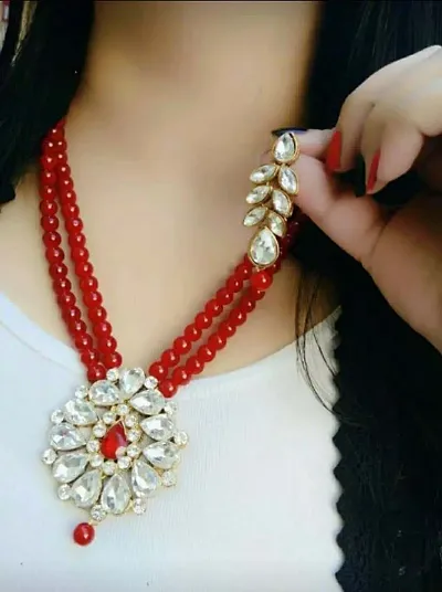 Trendy Pearl Beaded Crystal Kundan Necklace Set