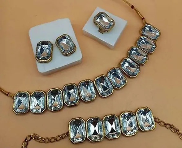 Elegant Crystal Kundan Beaded Necklace Jewellery Set