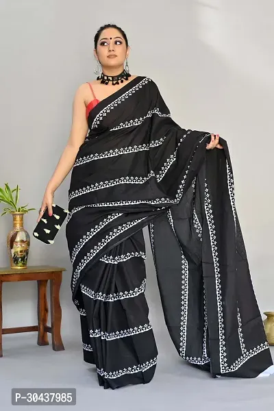 kriyafashion Digital Print Chanderi Cotton Linen Saree Black-thumb0