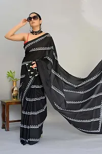 kriyafashion Digital Print Chanderi Cotton Linen Saree Black-thumb3