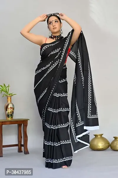 kriyafashion Digital Print Chanderi Cotton Linen Saree Black-thumb5