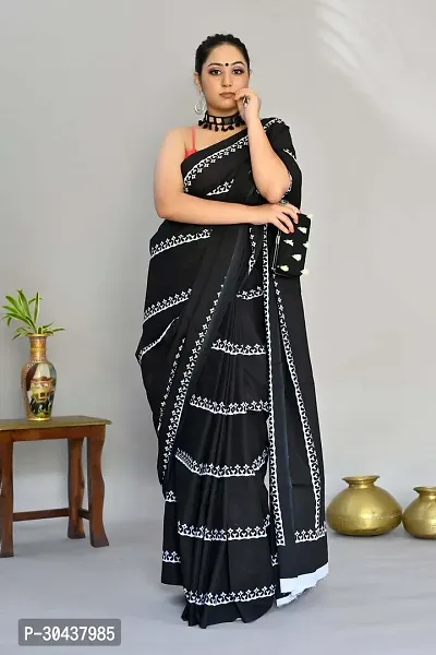 kriyafashion Digital Print Chanderi Cotton Linen Saree Black-thumb3