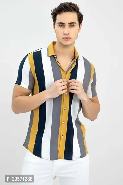 Elegant Cotton Blend Striped Short Sleeves Casual Shirts For Men-thumb0