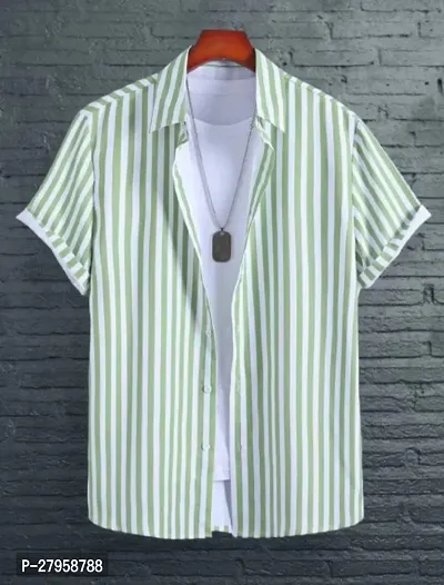 Stylish Green Cotton Blend Striped Short Sleeves Casual Shirt For Men