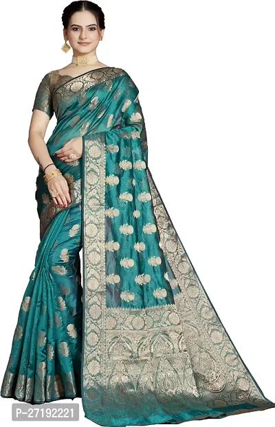 Beautiful Green Organza  Woven Design Saree with Blouse Piece For Women-thumb0