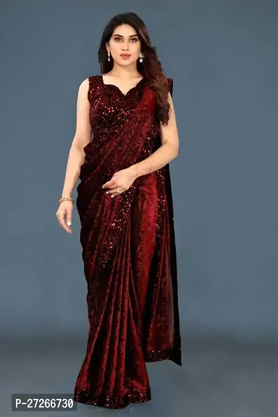 Elegant Maroon Lycra Saree with Blouse piece For Women-thumb0