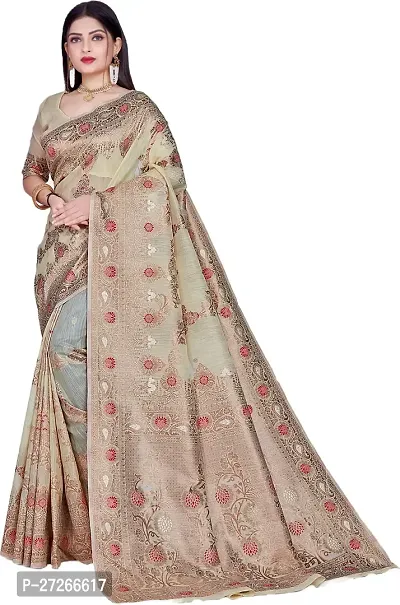 Elegant Beige Cotton Blend Saree with Blouse piece For Women-thumb0