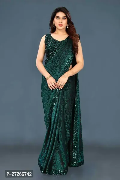 Elegant Green Lycra Saree with Blouse piece For Women-thumb0