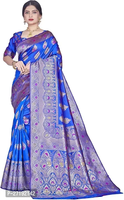 Beautiful Blue Art Silk  Woven Design Saree with Blouse Piece For Women