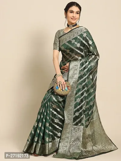 Beautiful Green Organza  Woven Design Saree with Blouse Piece For Women-thumb0