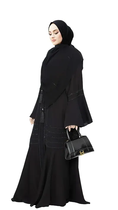 Black Abaya With Stone Work And Front Side Dori Pattern Fabric Firdous