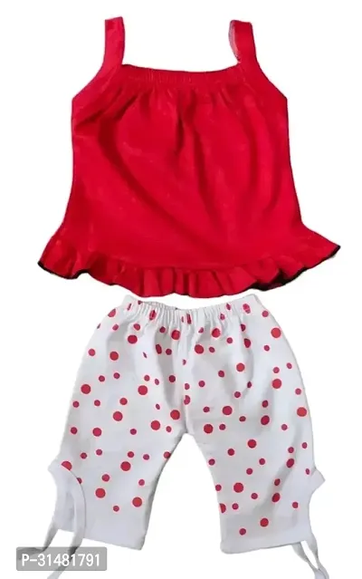 Beautiful Red Cotton Blend Solid Top With Bottom Set For Girls-thumb0