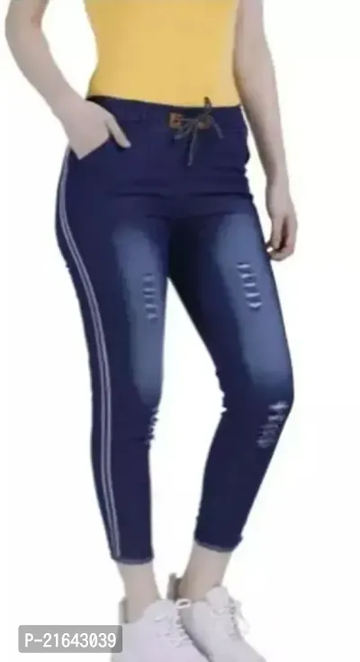 Stylish Navy Blue Cotton Lycra Self Design Jeans For Women-thumb0