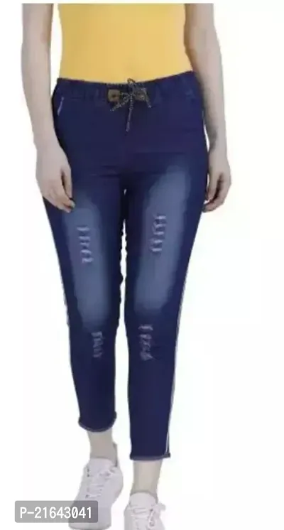 Stylish Navy Blue Cotton Lycra Self Design Jeans For Women-thumb0
