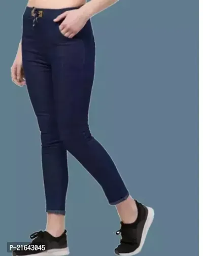 Stylish Navy Blue Cotton Lycra Self Design Jeans For Women