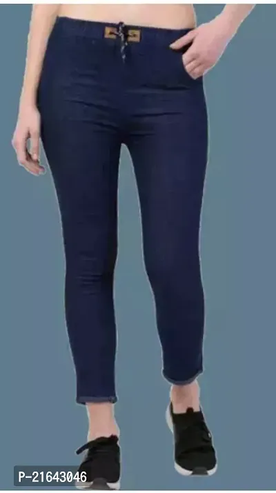Stylish Navy Blue Cotton Lycra Self Design Jeans For Women-thumb0