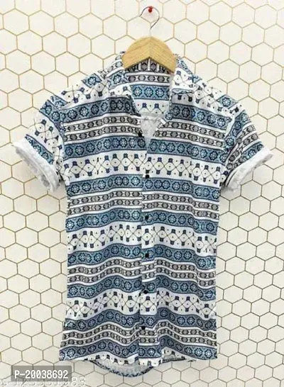 Trendy Printed Short Sleeve On Polycotton Fabric Beach Wear Design Blue and White-thumb0