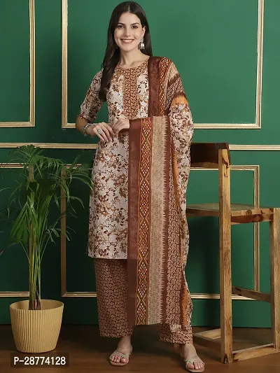 Stylish Brown Cotton Printed Kurta Bottom and Dupatta Set For Women